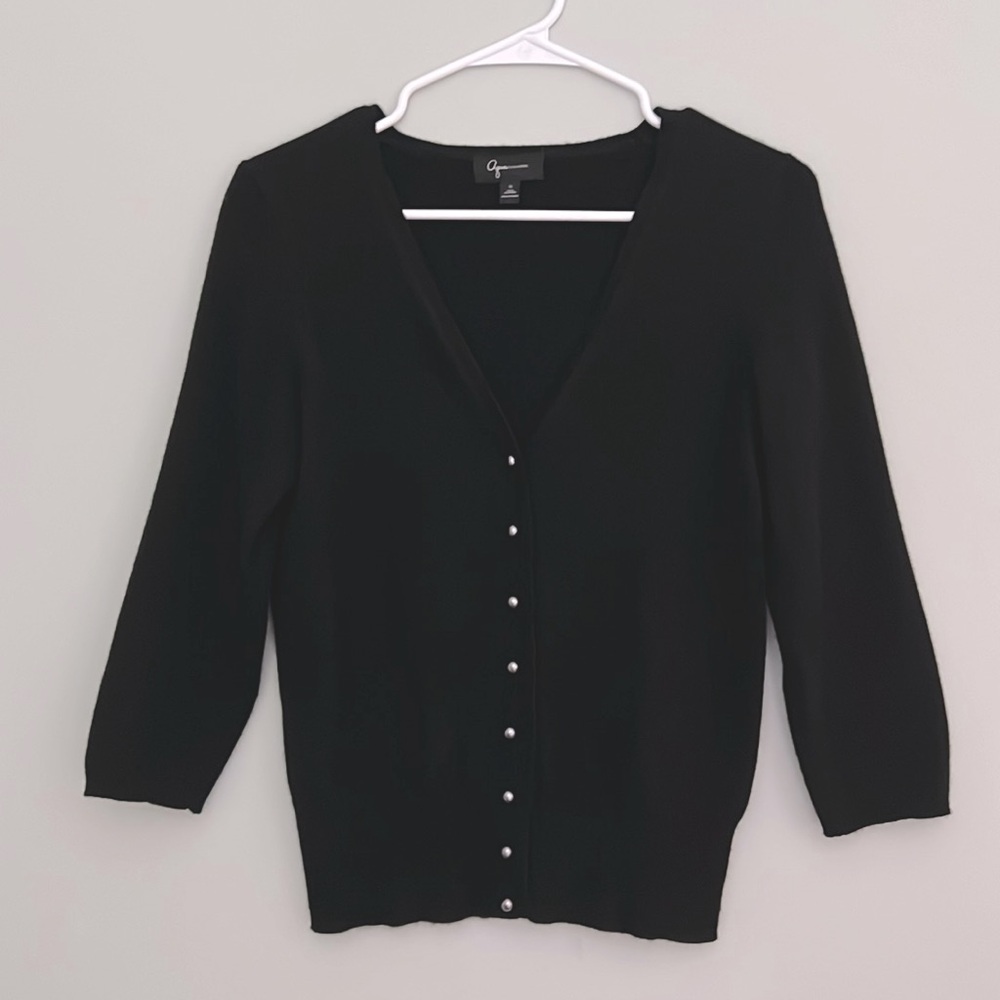Women’s Aqua Cashmere Black 3/4 Sleeve V Neck Cardigan Sweater Sz Small
